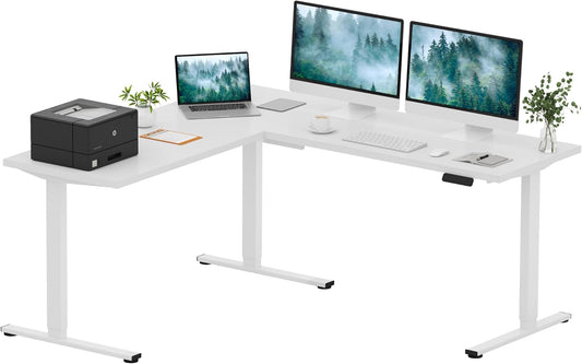 Adjustable Electric L Shaped Standing Desk, 71x63 inch, Splice Board, White
