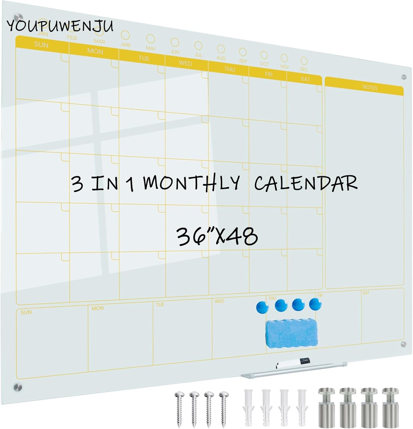 Magnetic Glass Planner Writeboard 36inX48in for Organizing Tasks