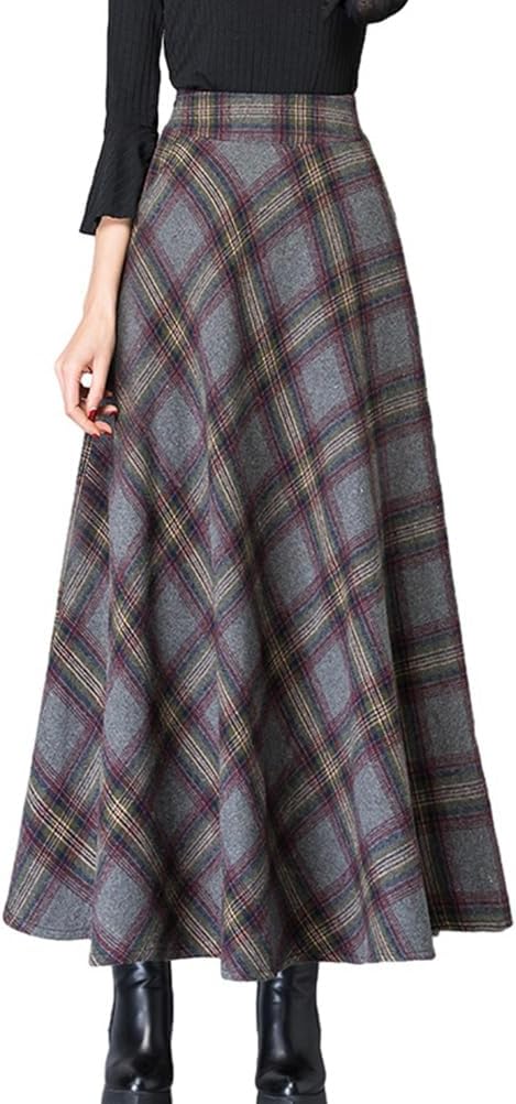 Women's Plaid Skirt Warm Elastic Waist A-Line Winter Skirt