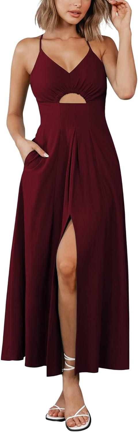 BTFBM Summer Spaghetti Strap Midi Dress with Pockets and Slit