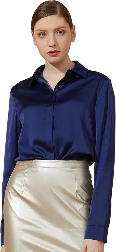 Escalier Women's Silk Blouse Long Sleeve Satin Button Down Shirt