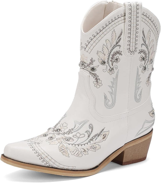 Rhinestone Ankle Cowboy Boots for Women with Chunky Heels