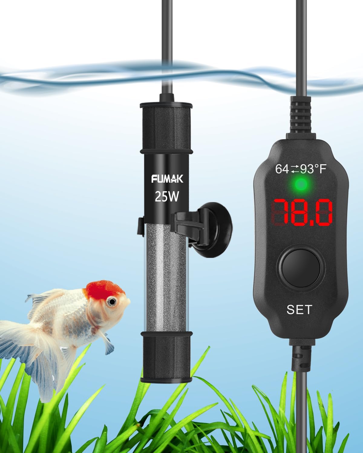 Compact 25W FUMAK Aquarium Heater - LED Display, Adjustable Thermostat
