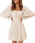 EXLURA Women's Lantern Sleeve Square Neck Ruffle Tie Back Dress