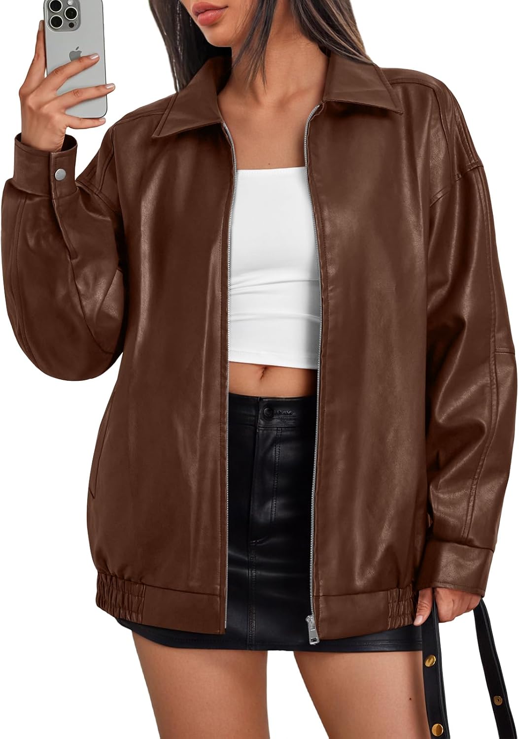 Trendy Queen Womens Leather Jackets Oversized Moto Biker Coat