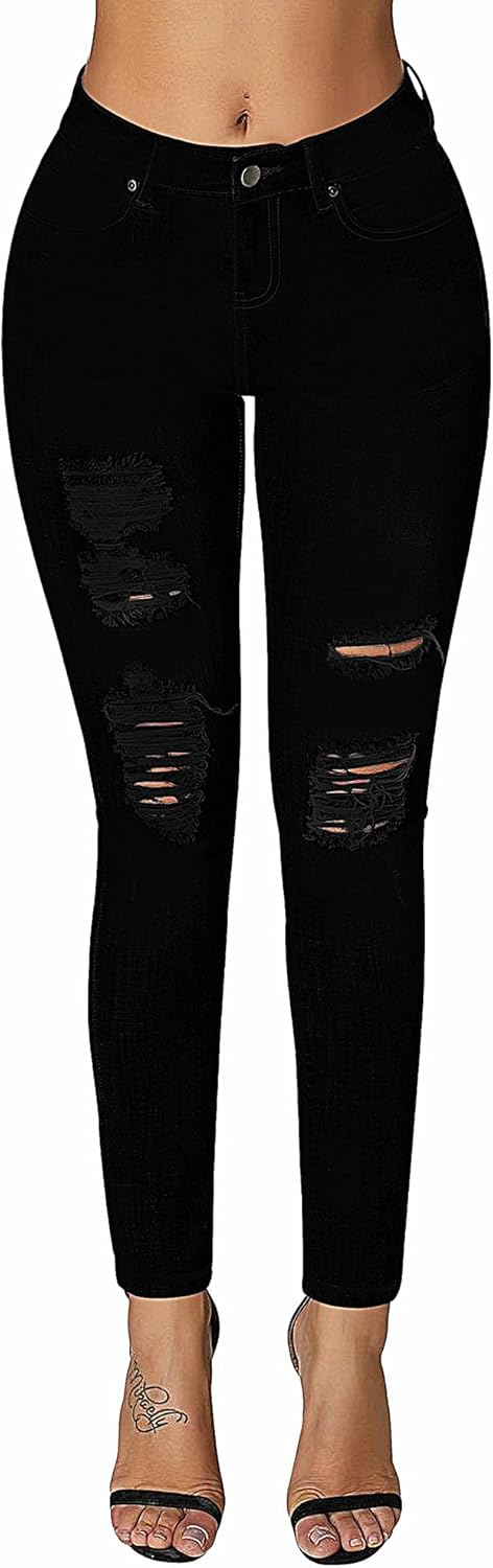 Roswear Women's Ripped Mid Rise Skinny Jeans for Stylish Comfort