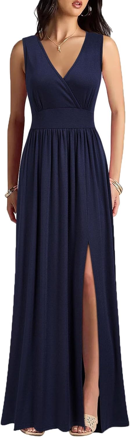 WOOSEA Women Sleeveless Deep V Neck Split Maxi Casual Dress