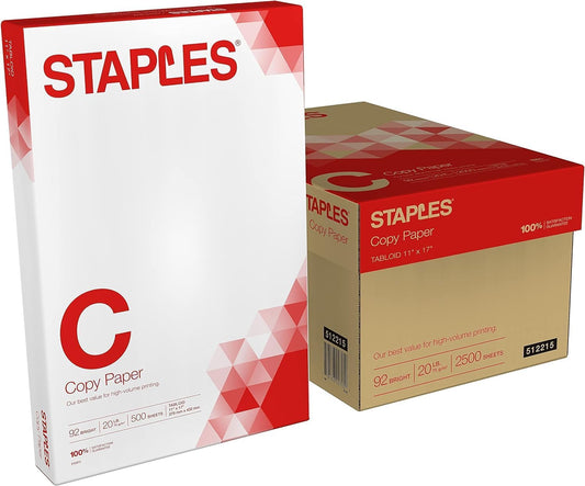 STAPLES Ledger Size Copy Paper: 92 Brightness, 20 lbs.