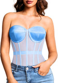 Sheer Mesh Overbust Corset Strapless Lace Up Satin Bra Corset Top