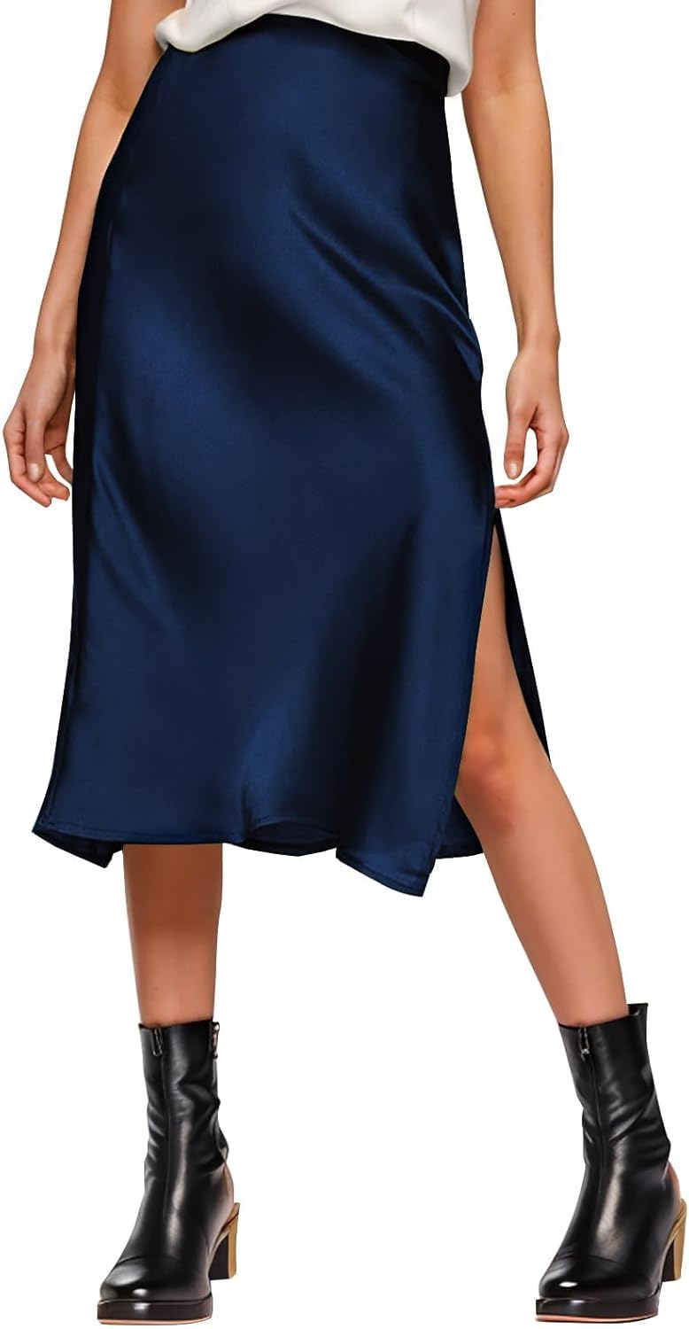 Womens Satin Silk High Waist Slit Midi Skirt for Every Occasion
