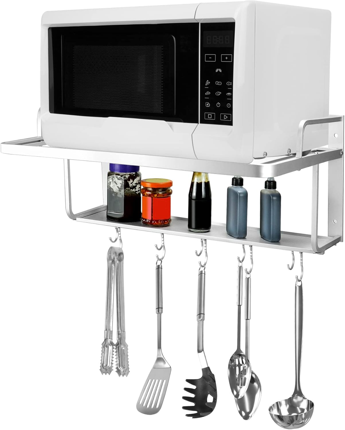 QWORK Wall Mount Microwave Shelf | Double-Layer Design, 10 Hooks | Organize & Save Space