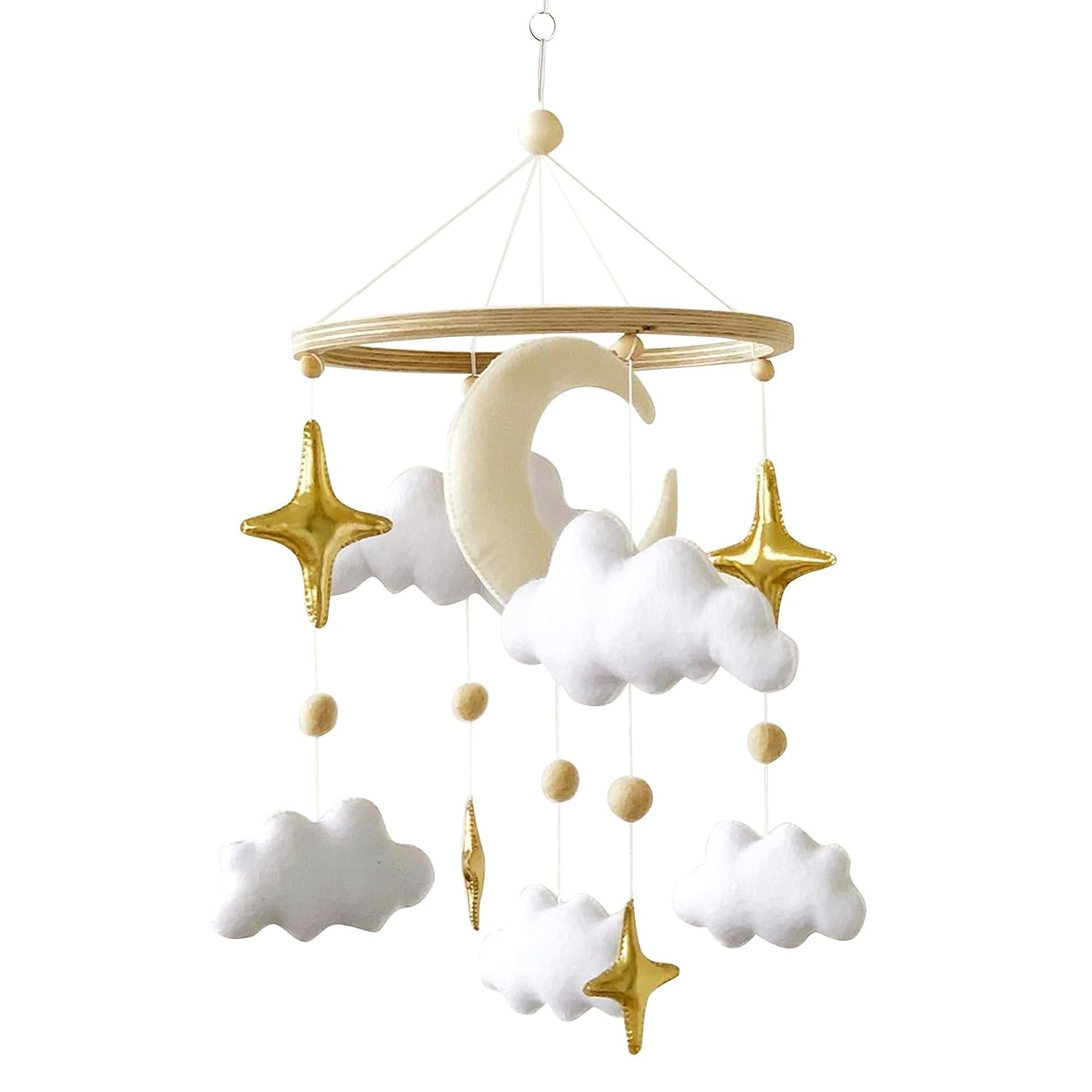 Handmade Modern Boho Baby Mobile for Crib - Gold Moon Stars