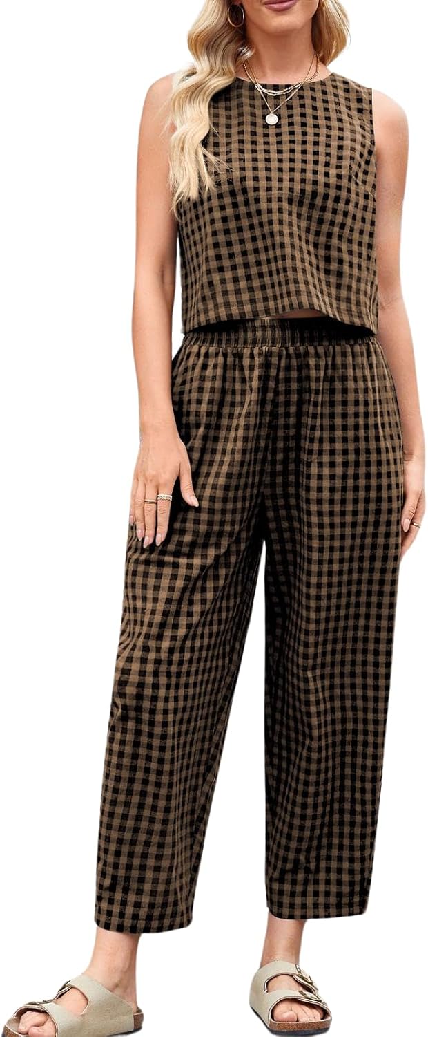 Womens Cotton Checker Set 2 Piece Beach Vacation Outfit