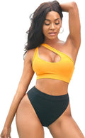 One Shoulder Cutout Bikini Set High Waisted Bottoms - Flattering Fit