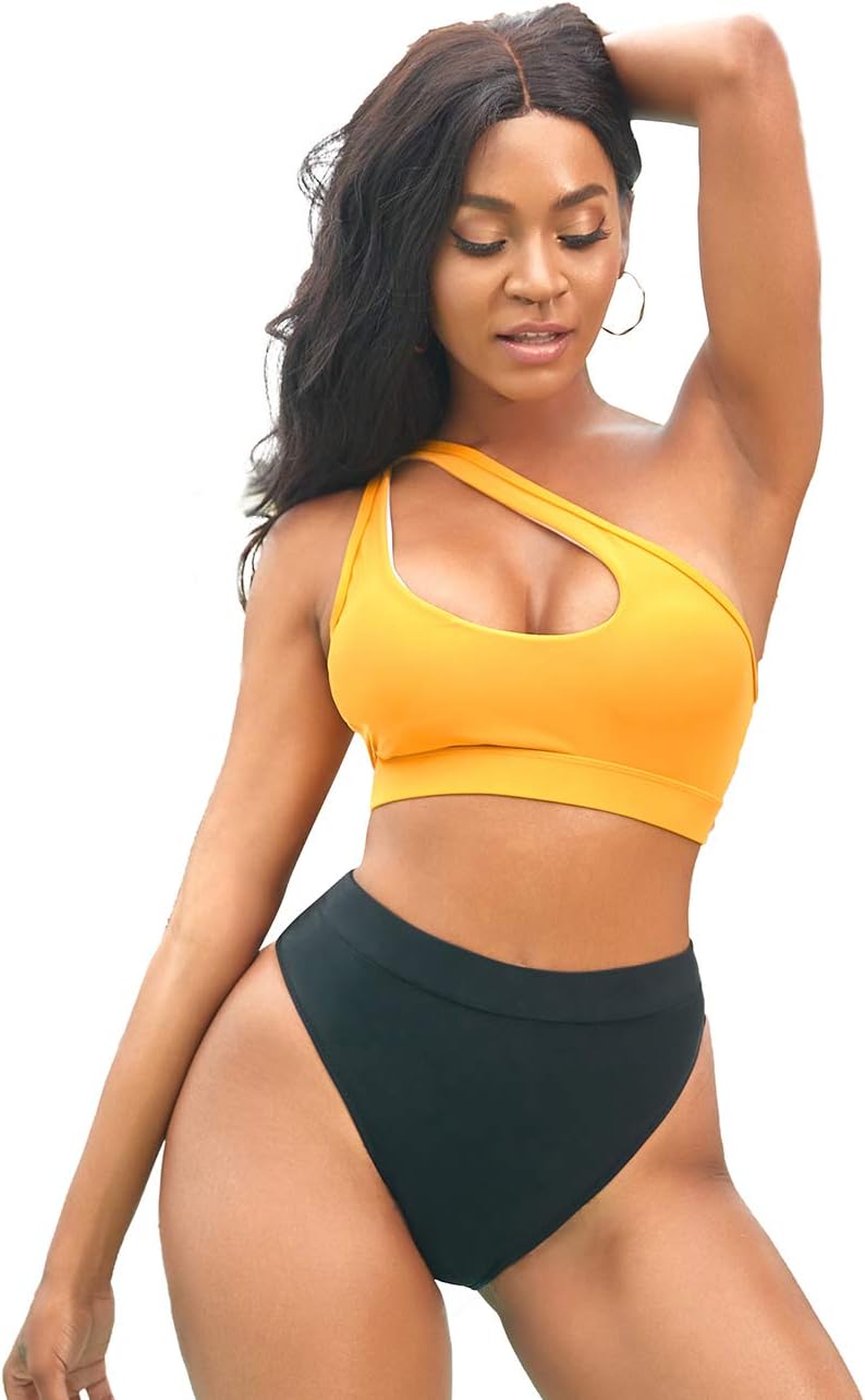 One Shoulder Cutout Bikini Set for Women with High Waisted Bottom