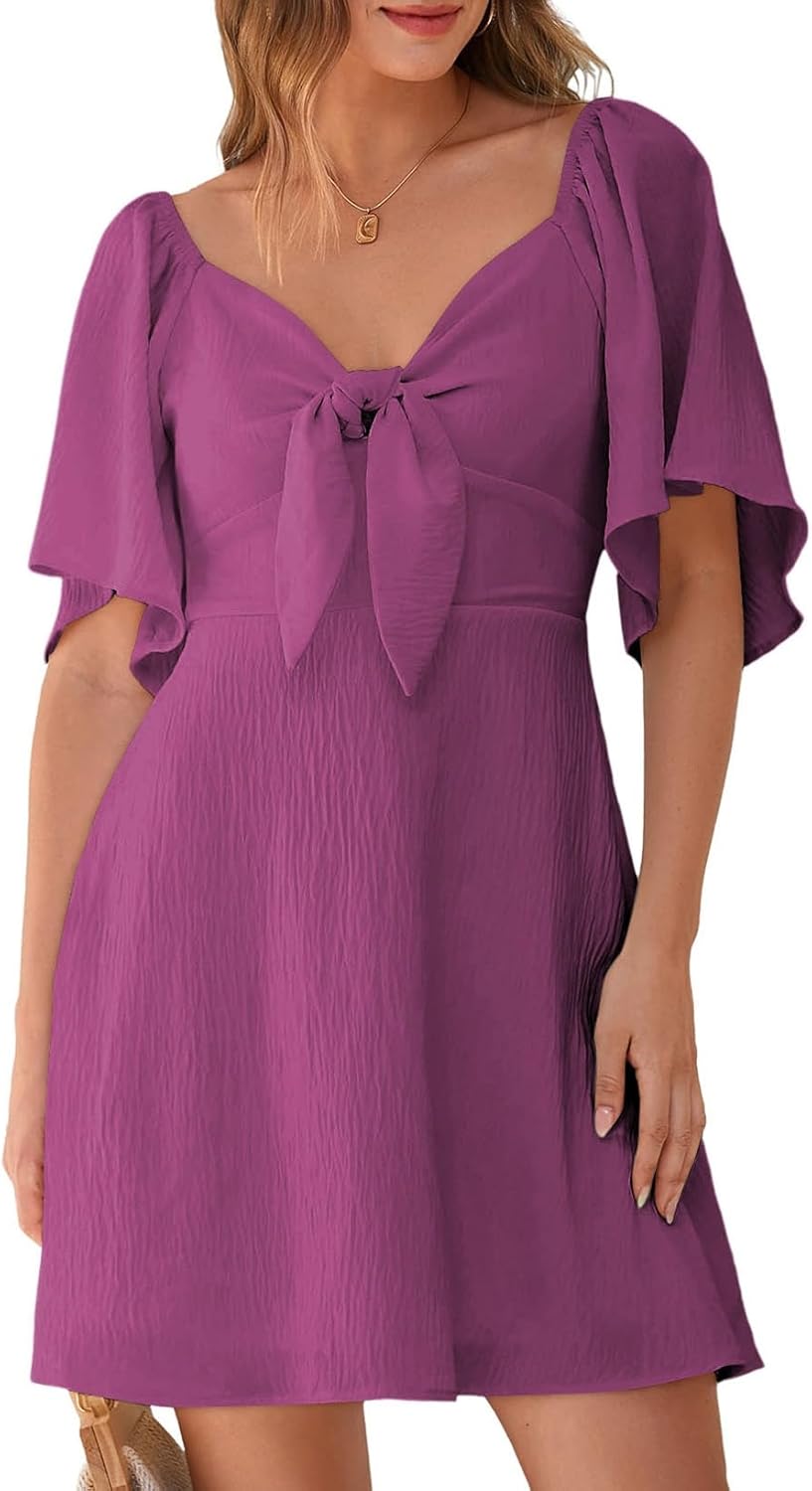 Dokotoo Womens Dresses Deep V Neck Elegant Bow Tie Mini Dress