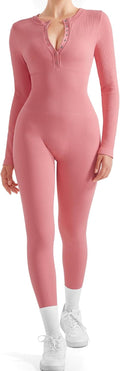 Women Long Sleeve Ribbed Workout Jumpsuit - Sculpting Comfort