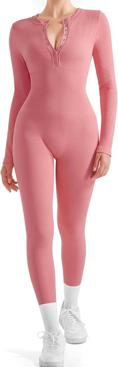 SUUKSESS Women Long Sleeve Ribbed Workout Jumpsuit for Fitness