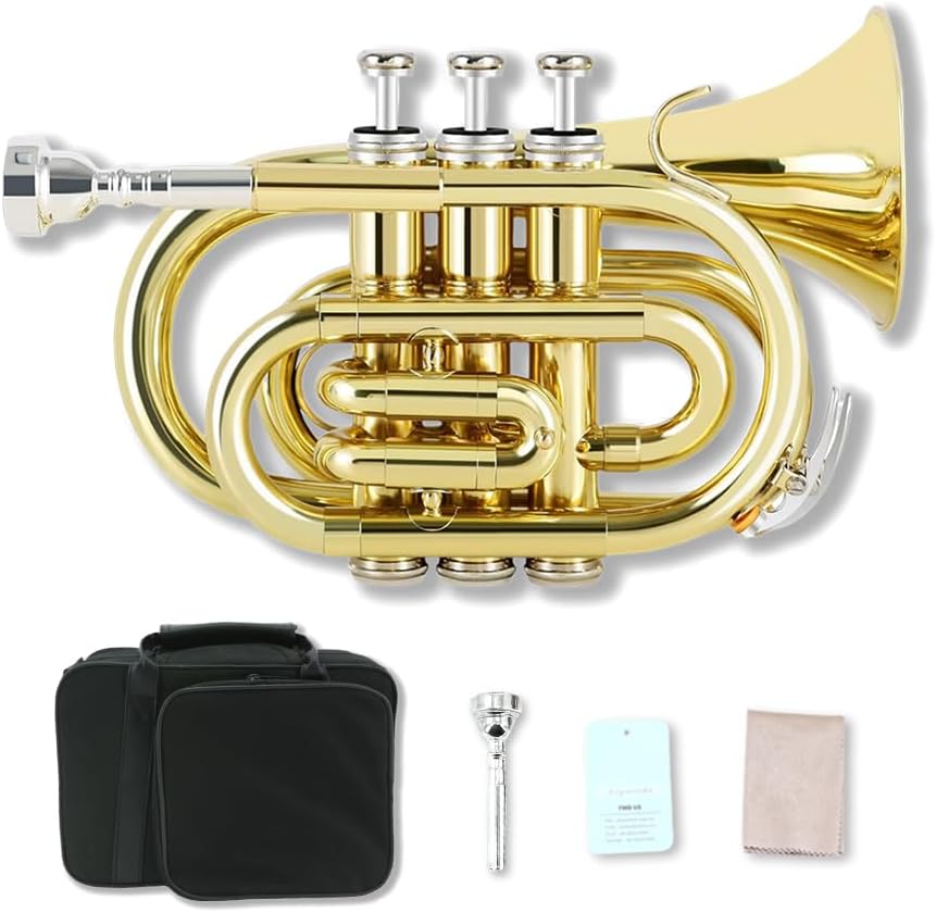 Brass Pocket Trumpet Bb Key with Mouthpiece and Carrying Case