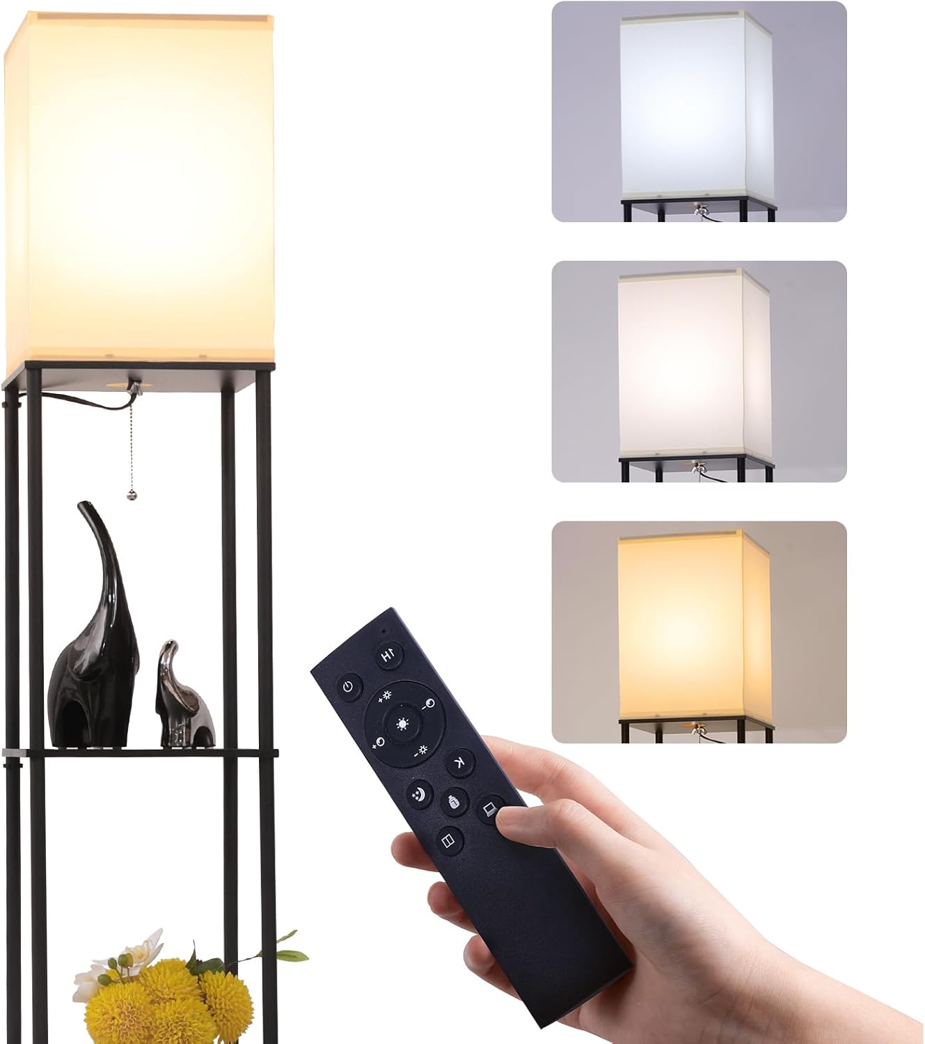 Modern Floor Lamp with Shelves and Remote Control Dimming Bulb