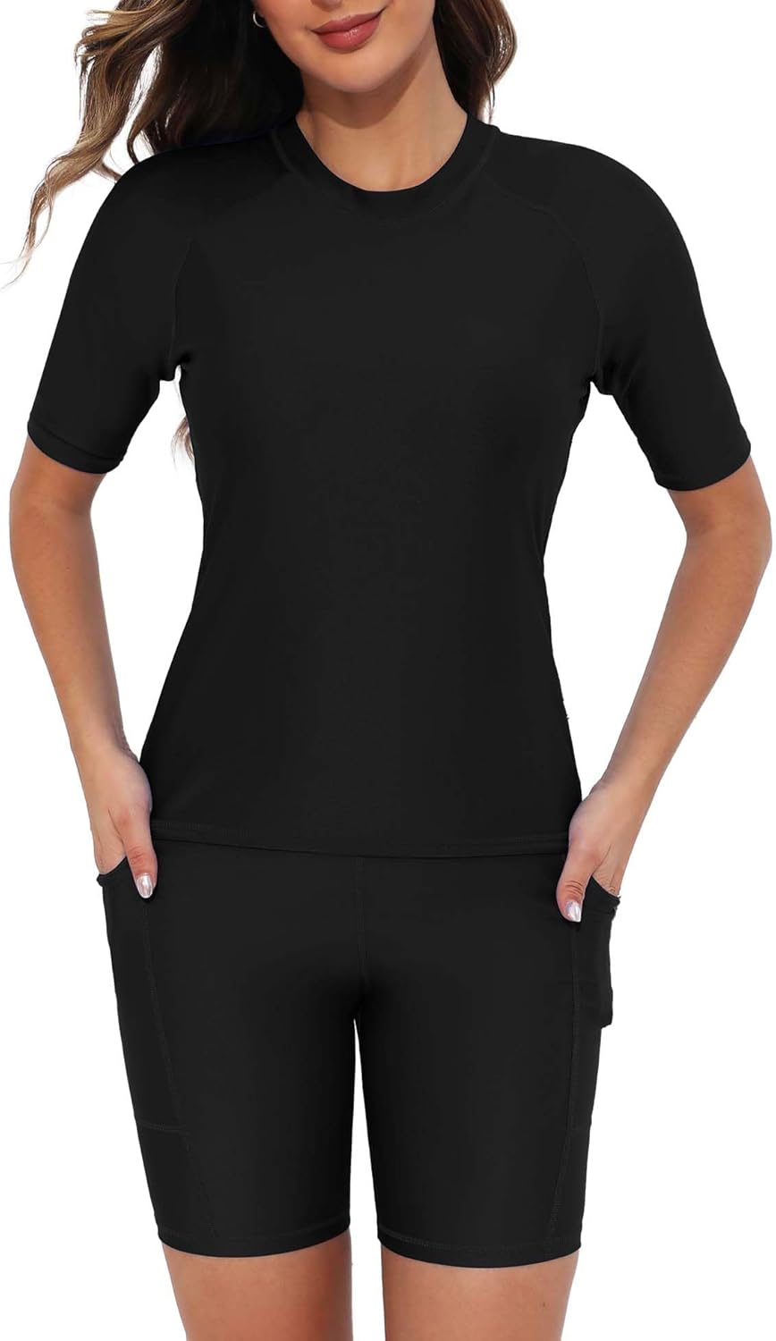 Tournesol Women's Two Piece Rash Guard Swim Set with Pockets