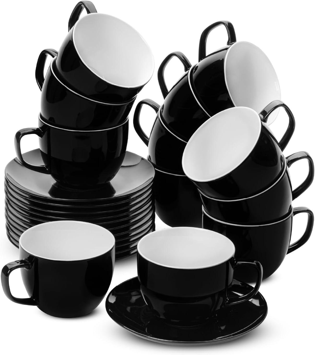 Elegant Black Porcelain Tea Cups and Saucers Set of 12