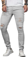 HUNGSON Men's Blue Slim Fit Ripped Stretch Jeans - Slim, Stretchy Cut