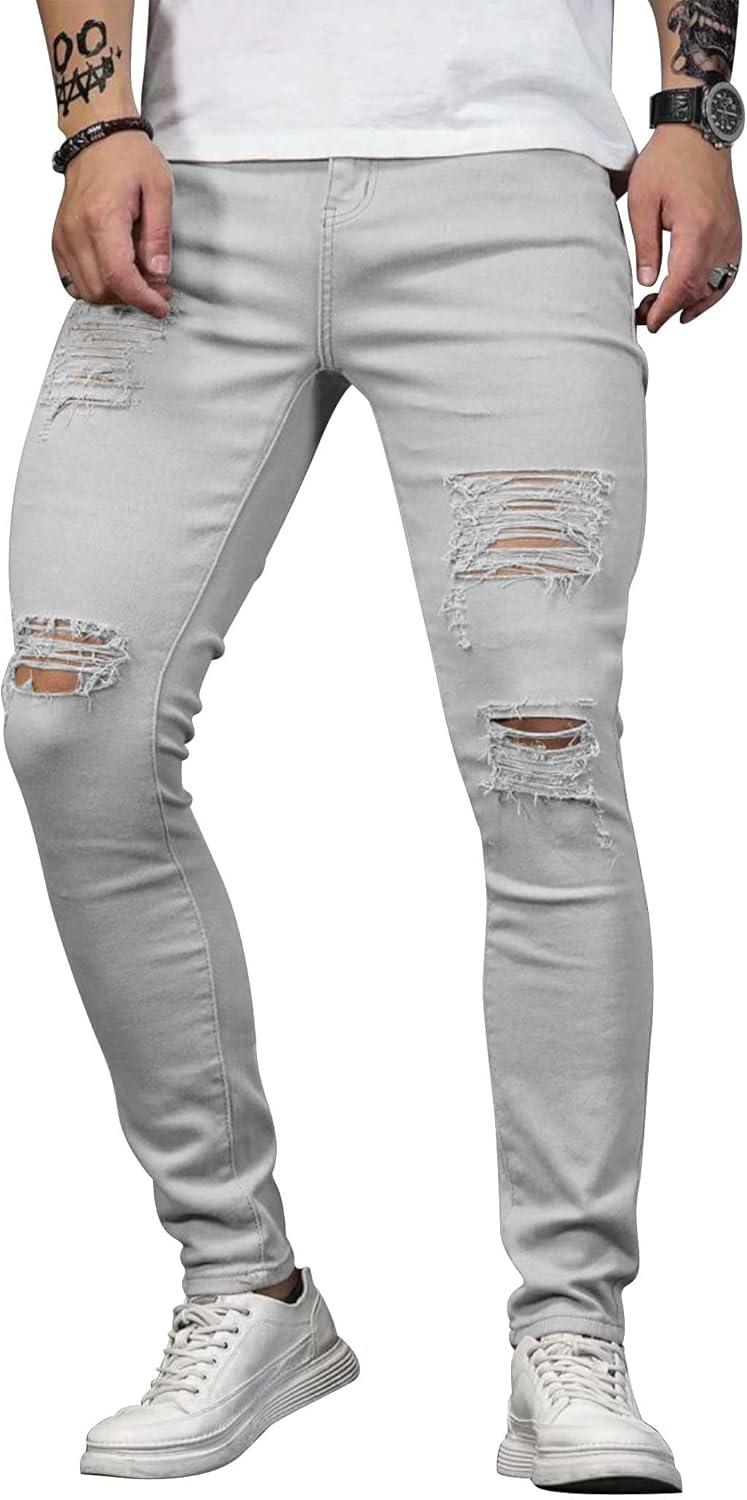 HUNGSON Men's Blue Slim Fit Jeans with Ripped Design and Stripes