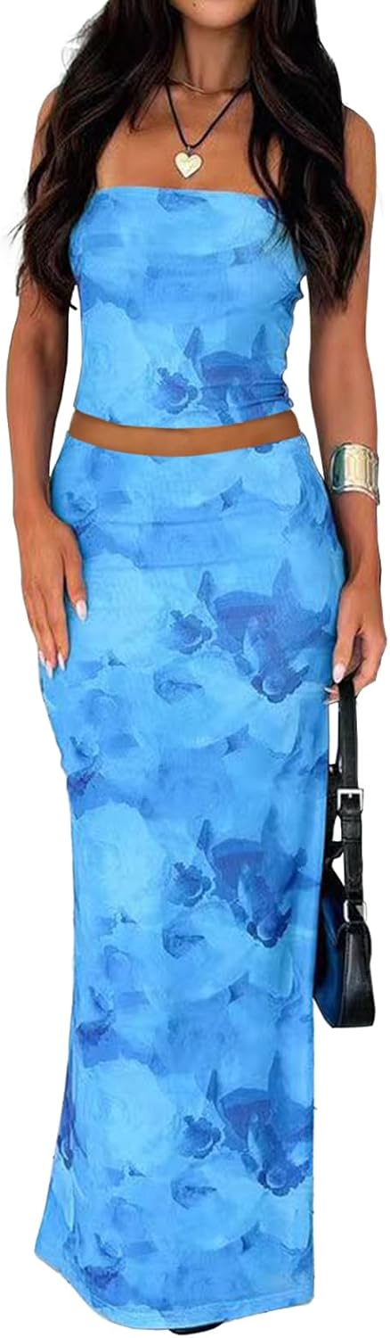 Floral Sleeveless Tube Top Bodycon Maxi Skirts for Women