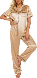 Silk Satin Pajamas Set for Women Short Sleeve - Soft Button Down PJs