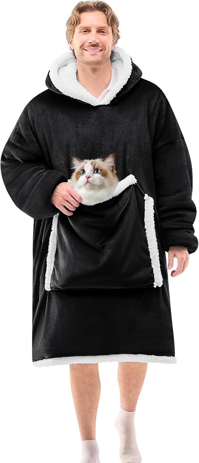 JOYWOO Black Oversized Wearable Blanket Hoodie for Cat Lovers