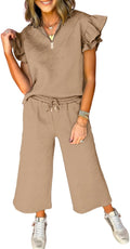 Women's 2 Piece Lounge Set V Neck Collared Ruffle Polo & Quarter Zip