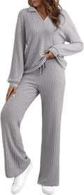 EVALESS Womens Pajama Sets Long Sleeve Ribbed Knit Lounge Set - Cozy