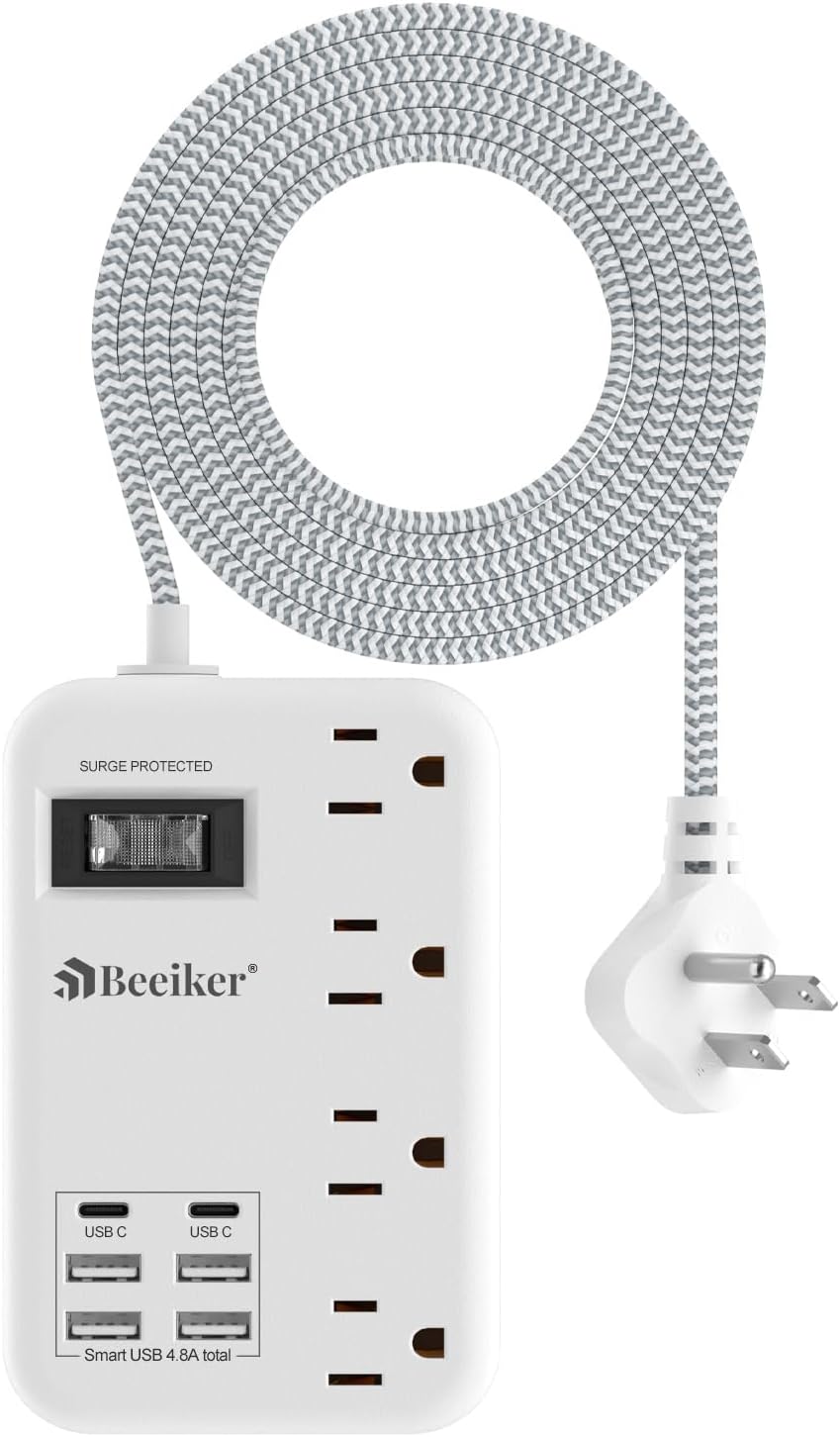 Compact USB Surge Protector Power Strip - Fast Charging, 4 Outlets, 6 USB Ports