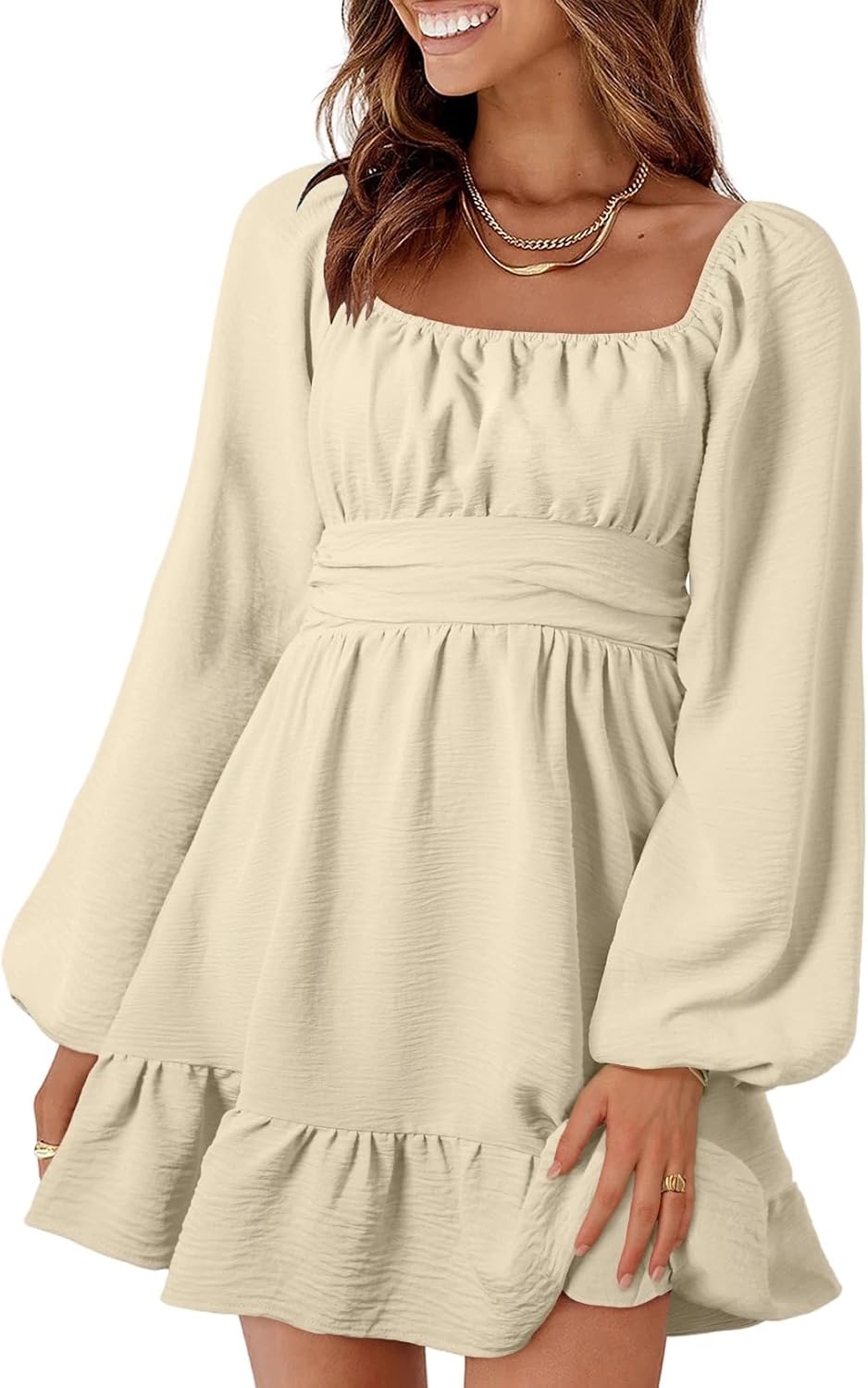 Dokotoo Womens Dress Long Lantern Sleeve Square Neck Mini Dress