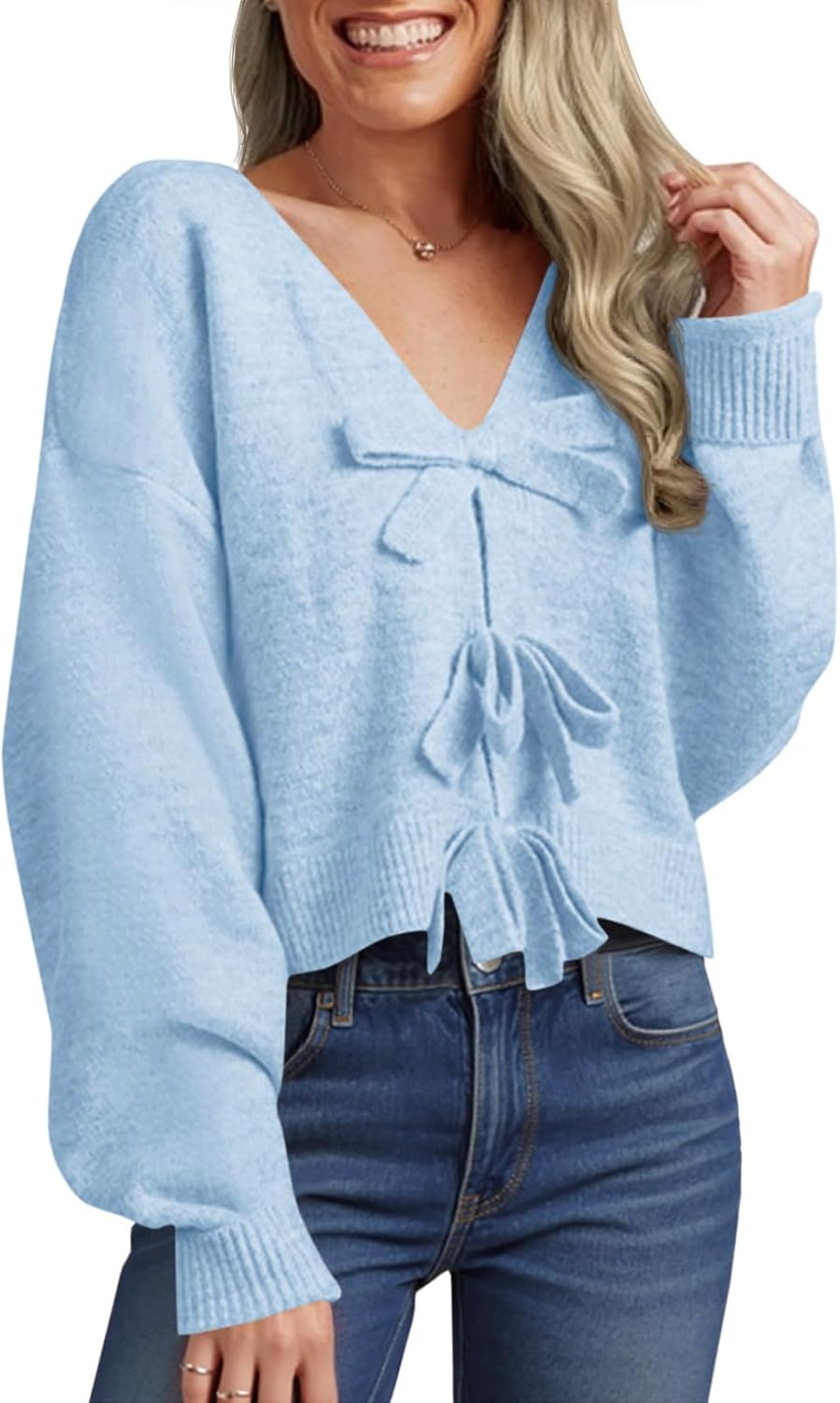Cropped V Neck Bow Sweater for Women - Trendy Fall Knitwear