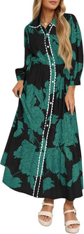 Wenrine Womens Maxi Shirt Dress Casual Floral Collared Drawstring this