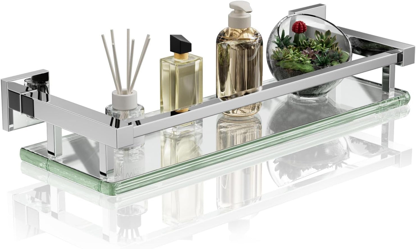 Alise Bathroom Glass Shelf with Stainless Steel Railing for Storage