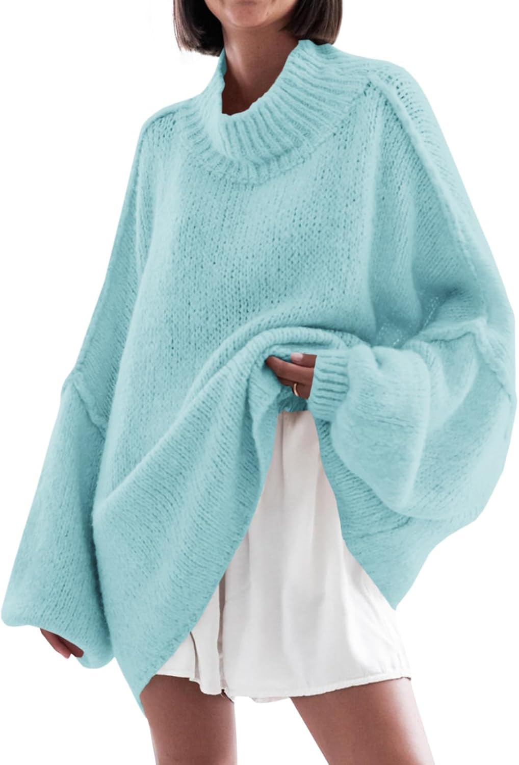 Oversized Mock Neck Batwing Sweater for Women - Trendy Style