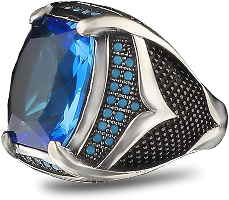 925 Sterling Silver Men's Ring with Blue Topaz Stone for Him