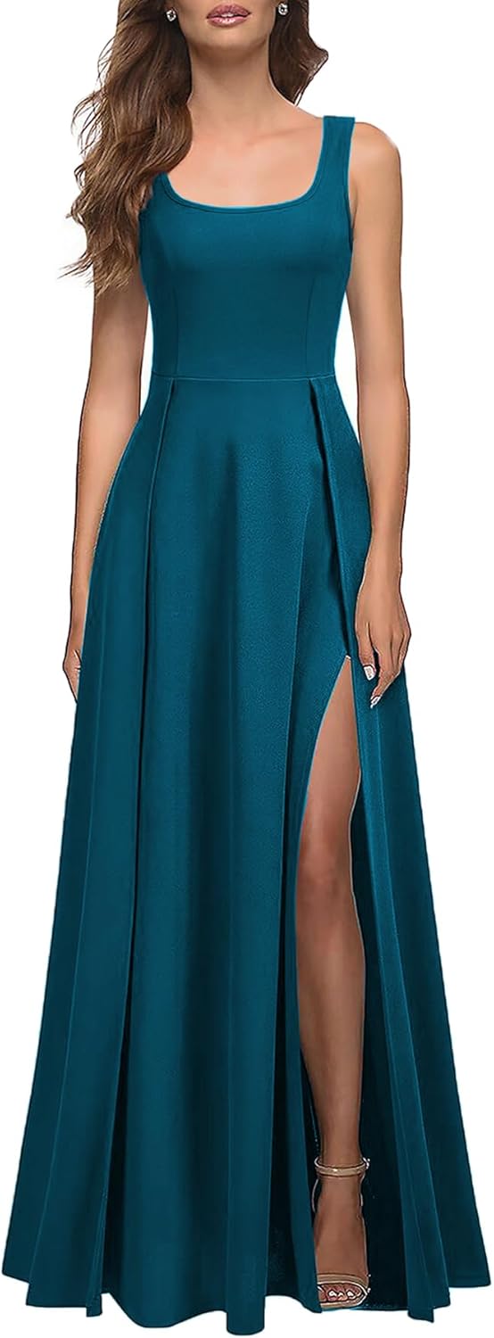 MUSHARE Women's Square Neck Sexy Split Maxi Long Formal Dress