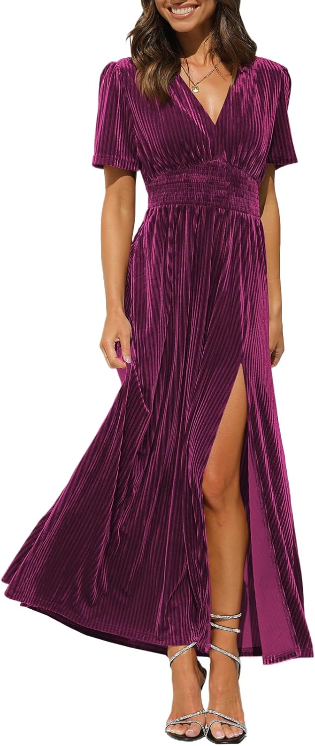 Sissyaki Women's Retro V-Neck Velvet Maxi Dress for Parties