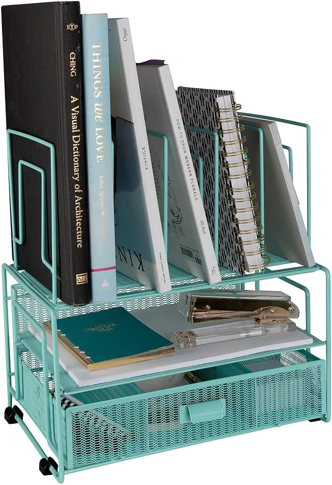 Mint Green Desk Organizer with File Sorters & Drawer for Office