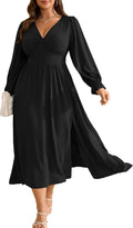 Plus Size Wedding Guest Dress Deep V Neck Long Sleeve - Flattering