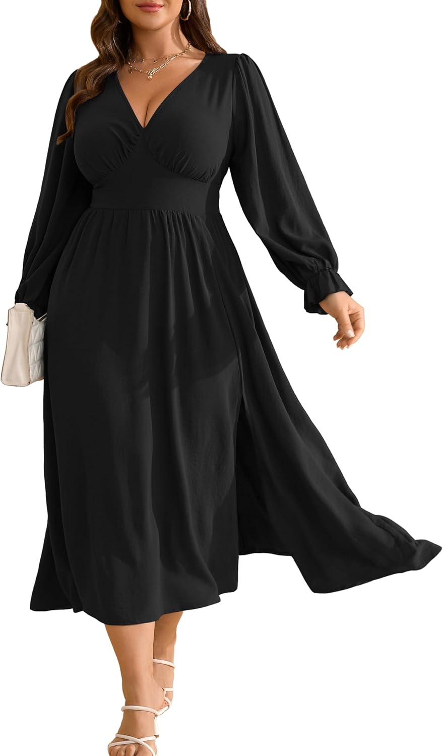 Plus Size Wedding Guest Dress for Women with Deep V Neck