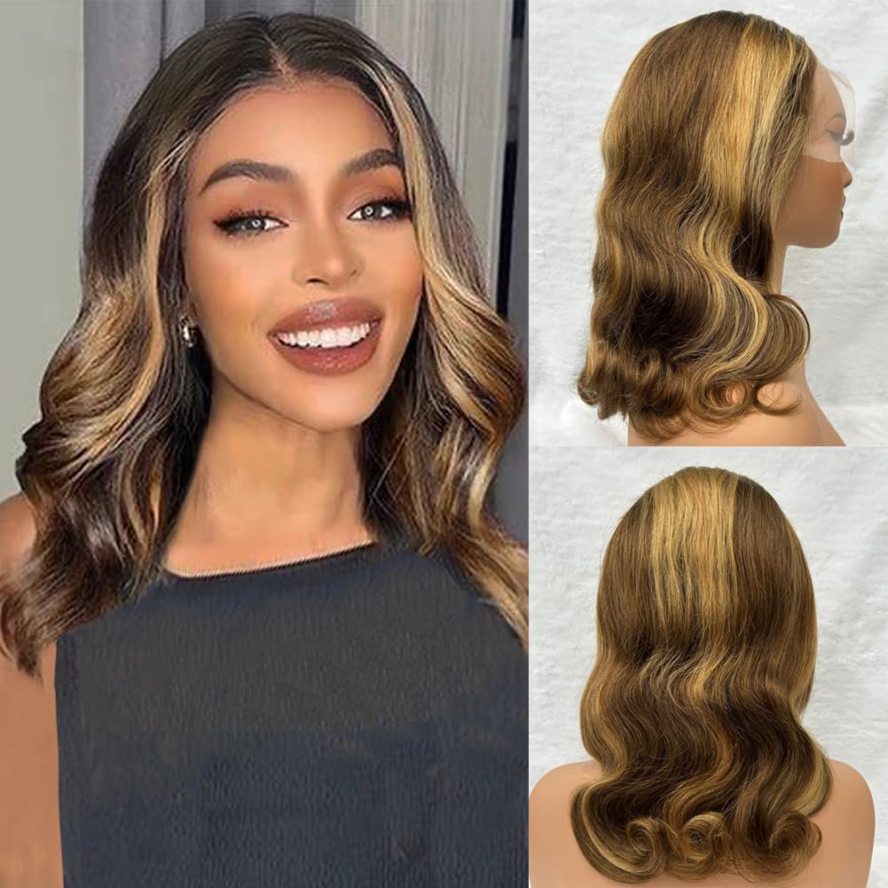 Honey Blonde Bob Wig Human Hair 16 Inch Body Wave for Women