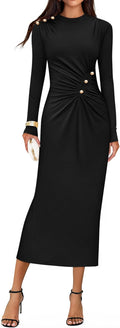 Womens Long Sleeve Mock Neck Bodycon Midi Dress - Ruched Knit