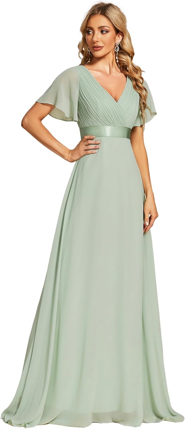 Elegant Floor Length Chiffon Short Sleeve Bridesmaid Dress