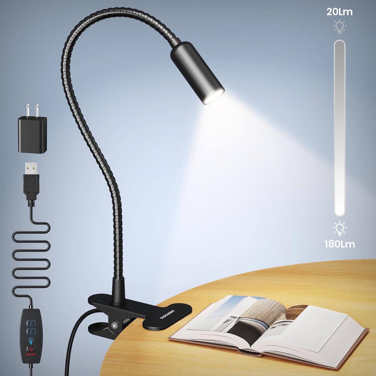 Glocusent Eye-Caring Clip Lamp - 10 Brightness Levels