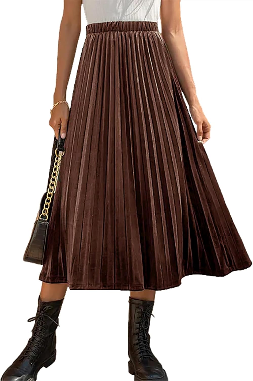 Womens High Elastic Waist Pleated A Line Midi Velvet Skirt